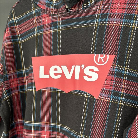 NWT Levi's Men's Logo Plaid Hoodie Sweatshirt Size L Red & Black Casual - Picture 2 of 9